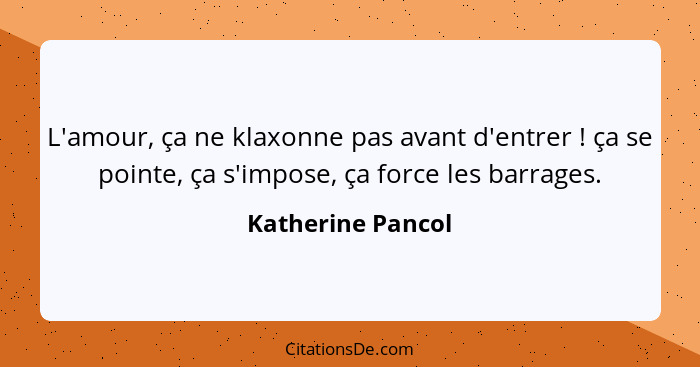 L'amour, ça ne klaxonne pas avant d'entrer ! ça se pointe, ça s'impose, ça force les barrages.... - Katherine Pancol