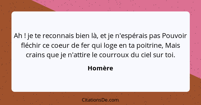 Ah ! je te reconnais bien là, et je n'espérais pas Pouvoir fléchir ce coeur de fer qui loge en ta poitrine, Mais crains que je n'attire... - Homère