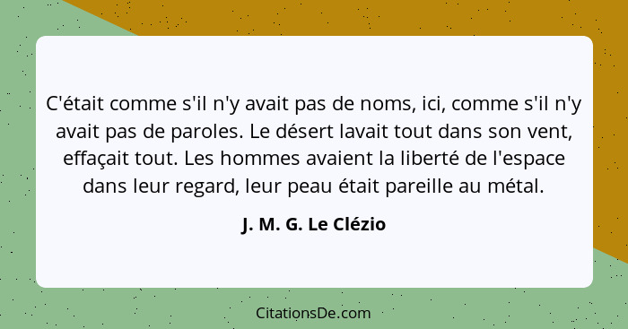 C'était comme s'il n'y avait pas de noms, ici, comme s'il n'y avait pas de paroles. Le désert lavait tout dans son vent, effaçait... - J. M. G. Le Clézio