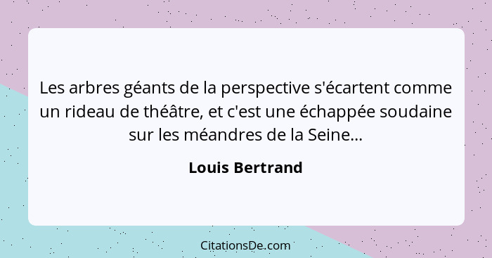 Les arbres géants de la perspective s'écartent comme un rideau de théâtre, et c'est une échappée soudaine sur les méandres de la Sein... - Louis Bertrand