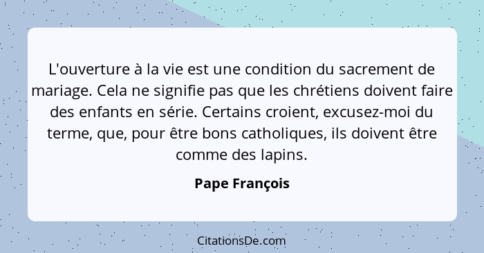 L'ouverture à la vie est une condition du sacrement de mariage. Cela ne signifie pas que les chrétiens doivent faire des enfants en sé... - Pape François