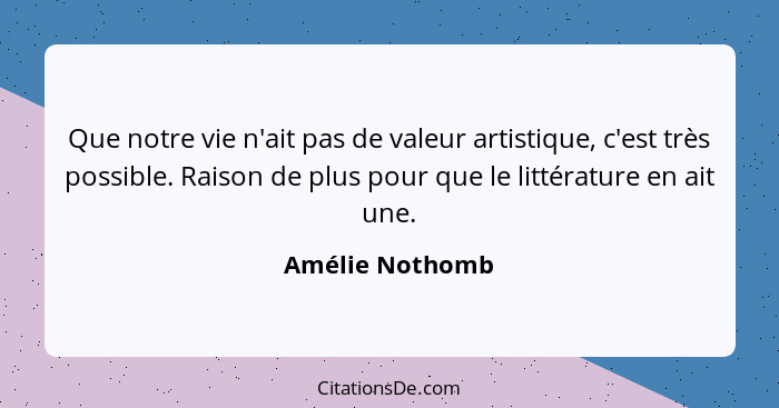 Que notre vie n'ait pas de valeur artistique, c'est très possible. Raison de plus pour que le littérature en ait une.... - Amélie Nothomb