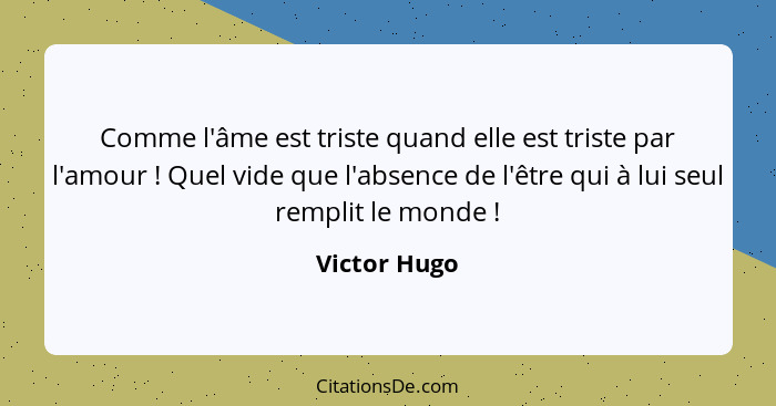 Comme l'âme est triste quand elle est triste par l'amour ! Quel vide que l'absence de l'être qui à lui seul remplit le monde !... - Victor Hugo