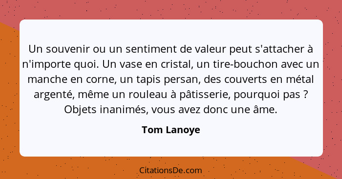 Un souvenir ou un sentiment de valeur peut s'attacher à n'importe quoi. Un vase en cristal, un tire-bouchon avec un manche en corne, un t... - Tom Lanoye