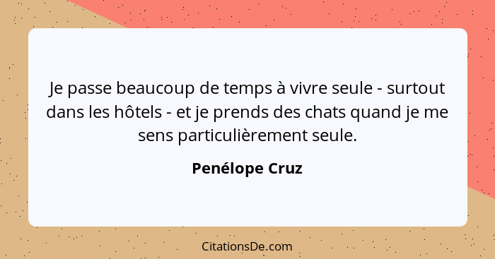 Je passe beaucoup de temps à vivre seule - surtout dans les hôtels - et je prends des chats quand je me sens particulièrement seule.... - Penélope Cruz