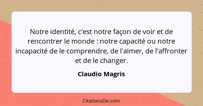 Notre identité, c'est notre façon de voir et de rencontrer le monde : notre capacité ou notre incapacité de le comprendre, de l'... - Claudio Magris