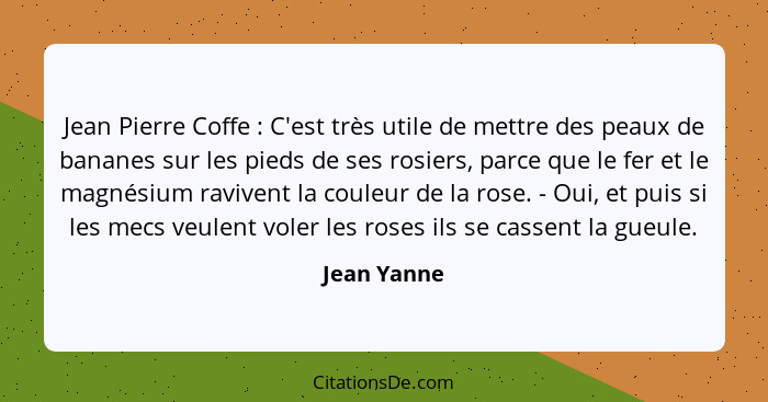 Jean Pierre Coffe : C'est très utile de mettre des peaux de bananes sur les pieds de ses rosiers, parce que le fer et le magnésium r... - Jean Yanne