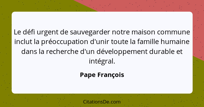 Le défi urgent de sauvegarder notre maison commune inclut la préoccupation d'unir toute la famille humaine dans la recherche d'un déve... - Pape François