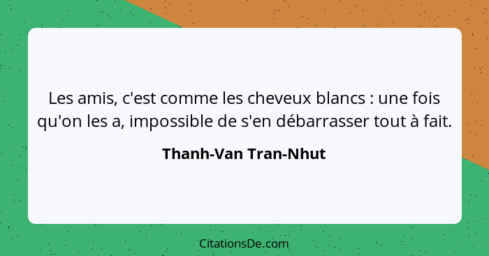 Les amis, c'est comme les cheveux blancs : une fois qu'on les a, impossible de s'en débarrasser tout à fait.... - Thanh-Van Tran-Nhut