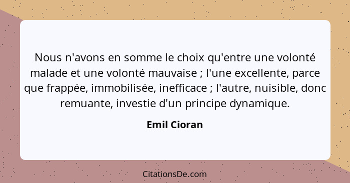 Nous n'avons en somme le choix qu'entre une volonté malade et une volonté mauvaise ; l'une excellente, parce que frappée, immobilis... - Emil Cioran