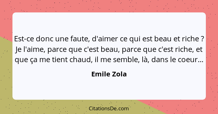 Est-ce donc une faute, d'aimer ce qui est beau et riche ? Je l'aime, parce que c'est beau, parce que c'est riche, et que ça me tient... - Emile Zola