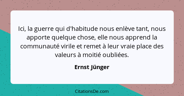 Ici, la guerre qui d'habitude nous enlève tant, nous apporte quelque chose, elle nous apprend la communauté virile et remet à leur vrai... - Ernst Jünger