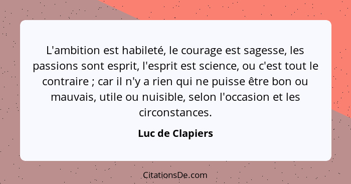 L'ambition est habileté, le courage est sagesse, les passions sont esprit, l'esprit est science, ou c'est tout le contraire ; c... - Luc de Clapiers