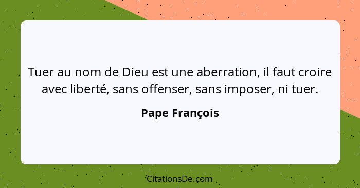 Tuer au nom de Dieu est une aberration, il faut croire avec liberté, sans offenser, sans imposer, ni tuer.... - Pape François