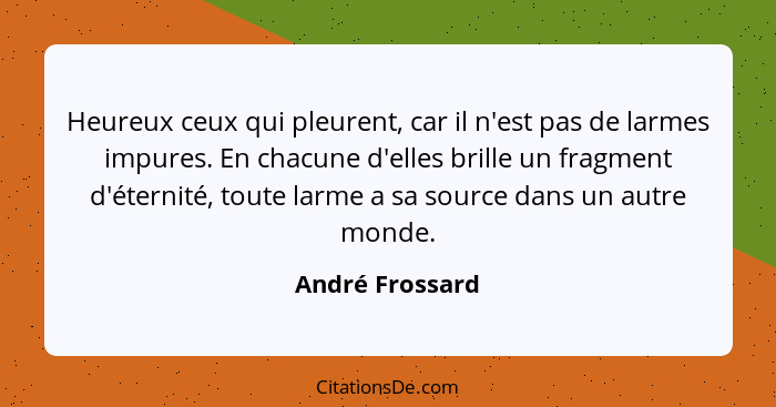 Heureux ceux qui pleurent, car il n'est pas de larmes impures. En chacune d'elles brille un fragment d'éternité, toute larme a sa sou... - André Frossard