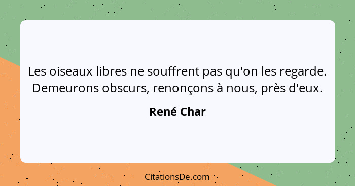 Les oiseaux libres ne souffrent pas qu'on les regarde. Demeurons obscurs, renonçons à nous, près d'eux.... - René Char