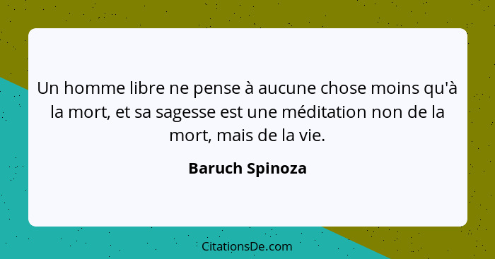 Un homme libre ne pense à aucune chose moins qu'à la mort, et sa sagesse est une méditation non de la mort, mais de la vie.... - Baruch Spinoza