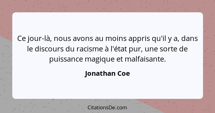 Ce jour-là, nous avons au moins appris qu'il y a, dans le discours du racisme à l'état pur, une sorte de puissance magique et malfaisan... - Jonathan Coe