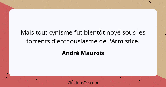 Mais tout cynisme fut bientôt noyé sous les torrents d'enthousiasme de l'Armistice.... - André Maurois