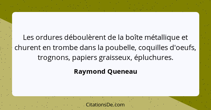 Les ordures déboulèrent de la boîte métallique et churent en trombe dans la poubelle, coquilles d'oeufs, trognons, papiers graisseux... - Raymond Queneau