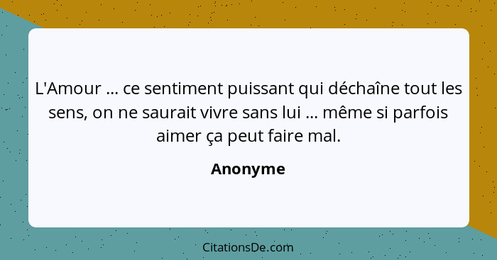 L'Amour ... ce sentiment puissant qui déchaîne tout les sens, on ne saurait vivre sans lui ... même si parfois aimer ça peut faire mal.... - Anonyme