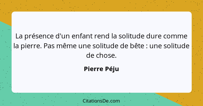 La présence d'un enfant rend la solitude dure comme la pierre. Pas même une solitude de bête : une solitude de chose.... - Pierre Péju