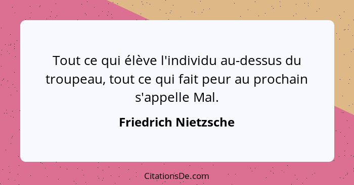 Tout ce qui élève l'individu au-dessus du troupeau, tout ce qui fait peur au prochain s'appelle Mal.... - Friedrich Nietzsche