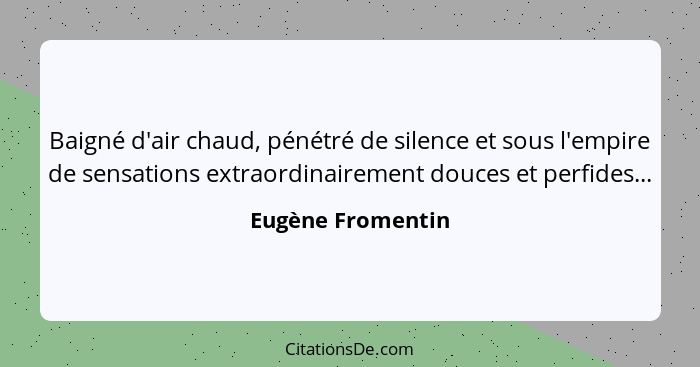 Baigné d'air chaud, pénétré de silence et sous l'empire de sensations extraordinairement douces et perfides...... - Eugène Fromentin