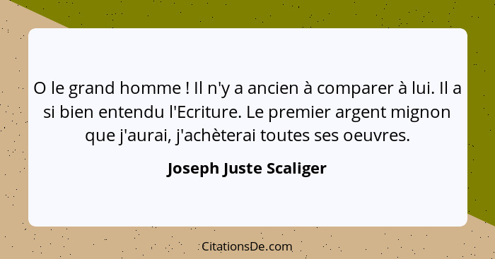 O le grand homme ! Il n'y a ancien à comparer à lui. Il a si bien entendu l'Ecriture. Le premier argent mignon que j'aura... - Joseph Juste Scaliger