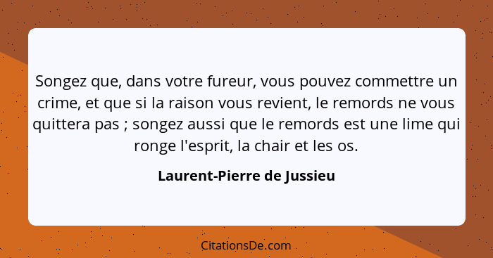 Songez que, dans votre fureur, vous pouvez commettre un crime, et que si la raison vous revient, le remords ne vous quitte... - Laurent-Pierre de Jussieu