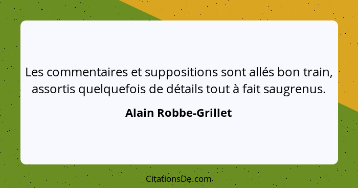 Les commentaires et suppositions sont allés bon train, assortis quelquefois de détails tout à fait saugrenus.... - Alain Robbe-Grillet