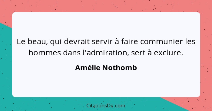 Le beau, qui devrait servir à faire communier les hommes dans l'admiration, sert à exclure.... - Amélie Nothomb