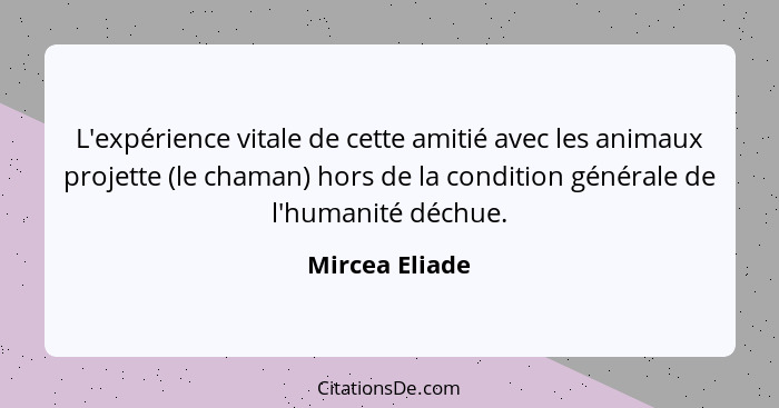 L'expérience vitale de cette amitié avec les animaux projette (le chaman) hors de la condition générale de l'humanité déchue.... - Mircea Eliade