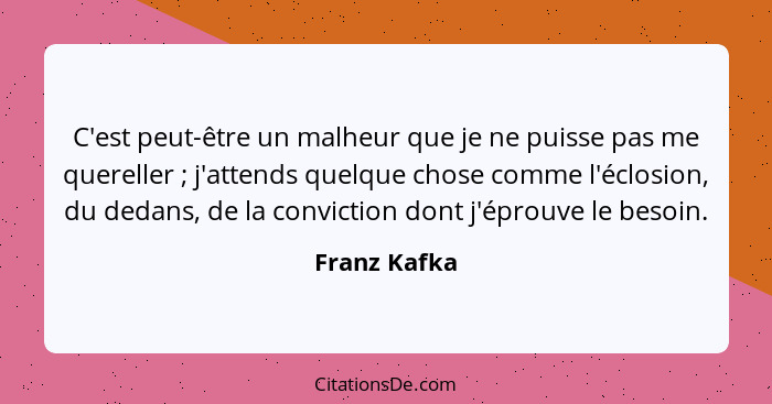 C'est peut-être un malheur que je ne puisse pas me quereller ; j'attends quelque chose comme l'éclosion, du dedans, de la convictio... - Franz Kafka