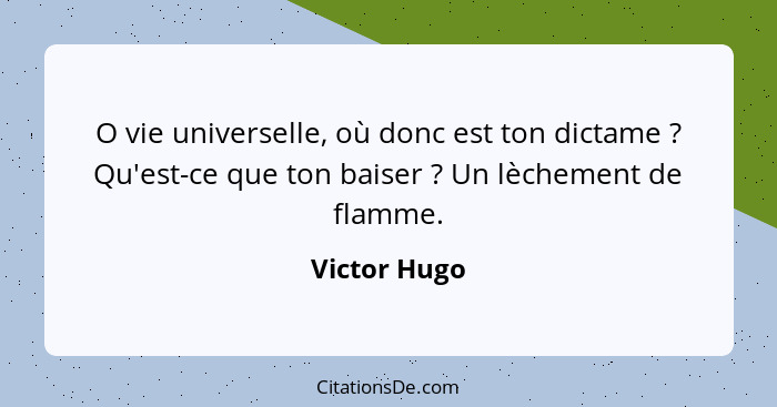 O vie universelle, où donc est ton dictame ? Qu'est-ce que ton baiser ? Un lèchement de flamme.... - Victor Hugo