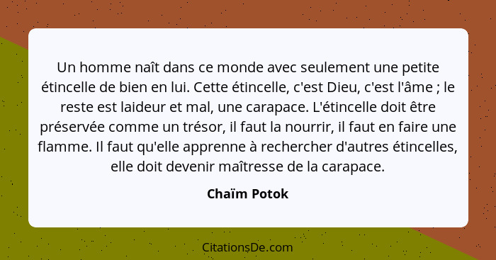 Un homme naît dans ce monde avec seulement une petite étincelle de bien en lui. Cette étincelle, c'est Dieu, c'est l'âme ; le reste... - Chaïm Potok