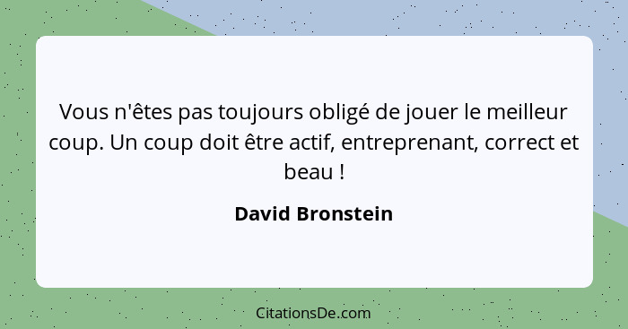 Vous n'êtes pas toujours obligé de jouer le meilleur coup. Un coup doit être actif, entreprenant, correct et beau !... - David Bronstein