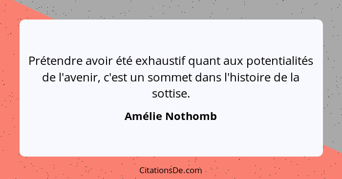 Prétendre avoir été exhaustif quant aux potentialités de l'avenir, c'est un sommet dans l'histoire de la sottise.... - Amélie Nothomb