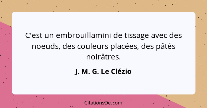 C'est un embrouillamini de tissage avec des noeuds, des couleurs placées, des pâtés noirâtres.... - J. M. G. Le Clézio