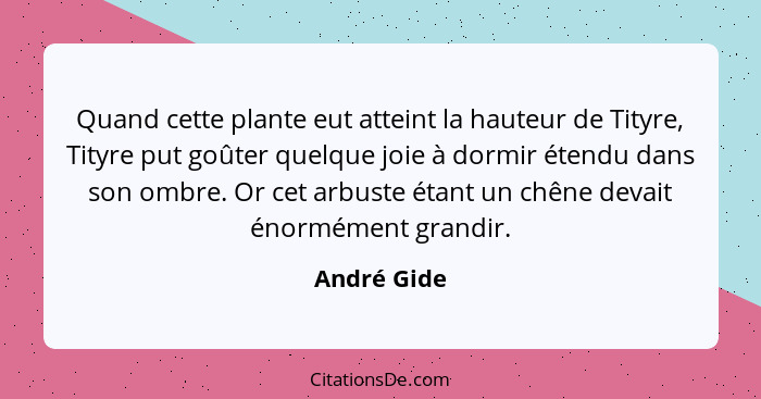 Quand cette plante eut atteint la hauteur de Tityre, Tityre put goûter quelque joie à dormir étendu dans son ombre. Or cet arbuste étant... - André Gide