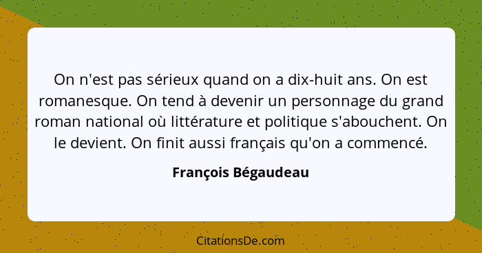 On n'est pas sérieux quand on a dix-huit ans. On est romanesque. On tend à devenir un personnage du grand roman national où litté... - François Bégaudeau