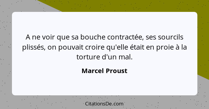 A ne voir que sa bouche contractée, ses sourcils plissés, on pouvait croire qu'elle était en proie à la torture d'un mal.... - Marcel Proust