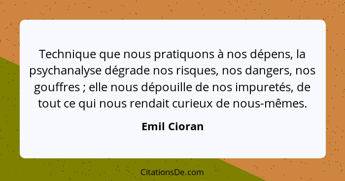 Technique que nous pratiquons à nos dépens, la psychanalyse dégrade nos risques, nos dangers, nos gouffres ; elle nous dépouille de... - Emil Cioran