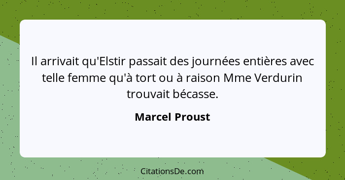 Il arrivait qu'Elstir passait des journées entières avec telle femme qu'à tort ou à raison Mme Verdurin trouvait bécasse.... - Marcel Proust