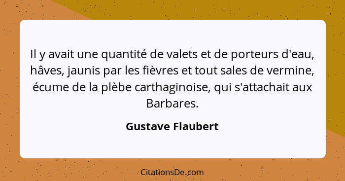 Il y avait une quantité de valets et de porteurs d'eau, hâves, jaunis par les fièvres et tout sales de vermine, écume de la plèbe c... - Gustave Flaubert