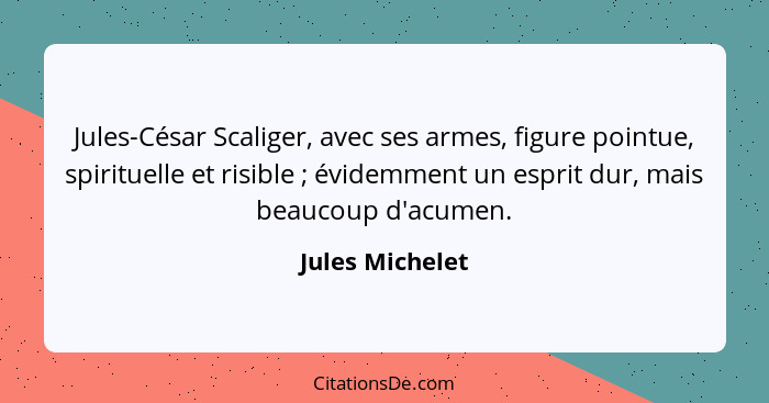 Jules-César Scaliger, avec ses armes, figure pointue, spirituelle et risible ; évidemment un esprit dur, mais beaucoup d'acumen.... - Jules Michelet