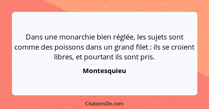 Dans une monarchie bien réglée, les sujets sont comme des poissons dans un grand filet : ils se croient libres, et pourtant ils son... - Montesquieu