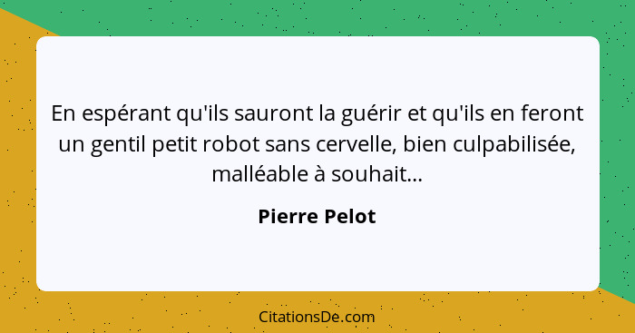 En espérant qu'ils sauront la guérir et qu'ils en feront un gentil petit robot sans cervelle, bien culpabilisée, malléable à souhait...... - Pierre Pelot