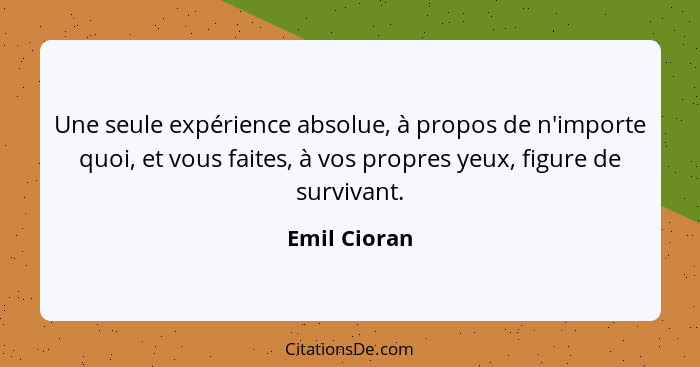 Une seule expérience absolue, à propos de n'importe quoi, et vous faites, à vos propres yeux, figure de survivant.... - Emil Cioran