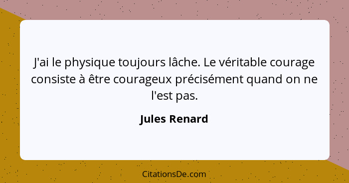 J'ai le physique toujours lâche. Le véritable courage consiste à être courageux précisément quand on ne l'est pas.... - Jules Renard